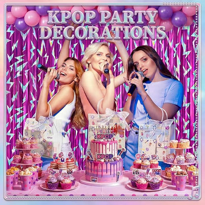 Tudomro 2 Pack Kpop Birthday Party Decoration Pink Purple Lightning Streamers Backdrop Blue with Purple Lightning Print Foil Fringe Tinsel Curtains for Photo Prop Themed Party Supplies