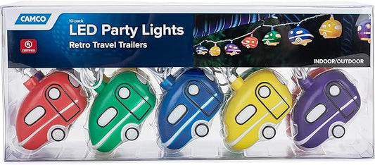 Camco Retro Travel Trailer Party Lights - Features an 8' Strand with (10) Travel Trailer Lights - Camping String Lights - Perfect for RV Awnings and Campsite Décor (42655)