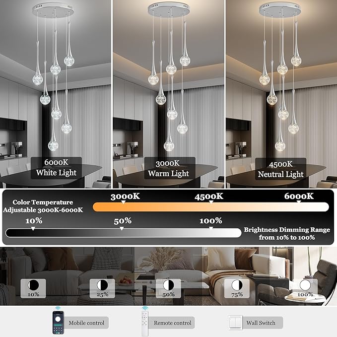 Modern Chrome Crystal Chandelier for Kitchen Island 7-Lights, Luxury Spiral Dimmable LED Bubble Raindrop Pendant Lighting Fixture for Dining Room Foyer Entryway Bedroom