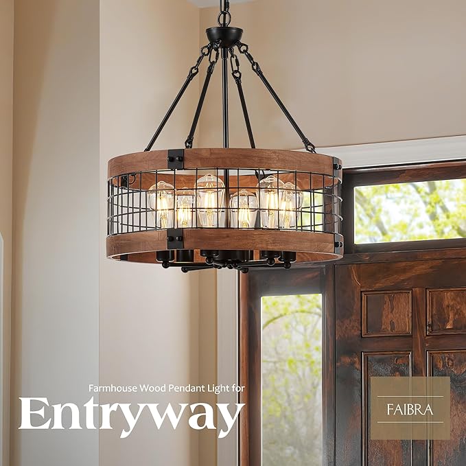 6-Light Farmhouse Drum Wood Pendant Light,20.55'' Vintage Rustic Brown Oak Wood Chandeliers,Retro Industrial Hanging Light Fixtures for Dining Room Entryway, Bedroom