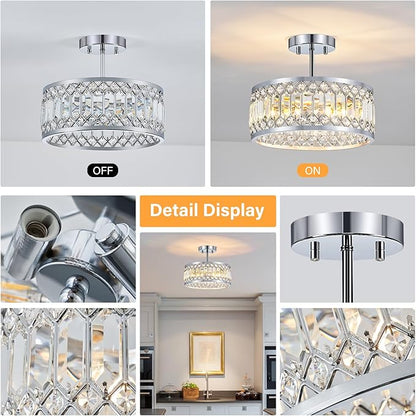 YURNYQ Crystal Ceiling Light Fixture, Modern Semi Flush Mount Ceiling Light, Chrome Lighting Ceiling Chandelier for Kitchen, Bedroom, Dining Room, Hallway, 3-Light, 12.2 Inch