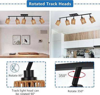 MELUCEE 5 Light Black Track Ceiling Light Fixture with Rattan Lamp Shade, Farmhouse Vanity Lights for Bathroom with Rotatable Light Head, Spotlight Track Lighting for Hallway Porch Foyer Bath