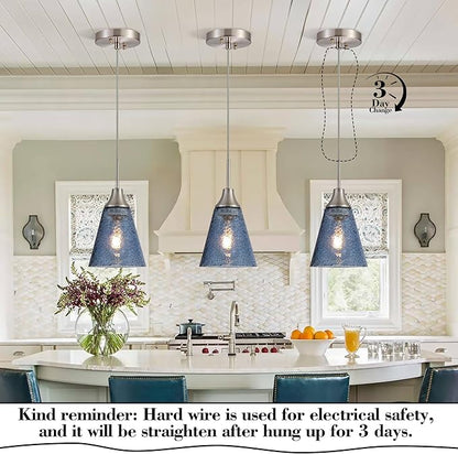 Viinew Mini Glass Pendant Light,5.9" Horn Shape Dark Blue Glass Hanging Light,1-Pack Handblown Clear Blue Seeded Shade Adjustable Cord Ceiling Light Fixture for Kitchen Island Sink