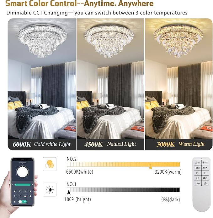 18 inch Crystal Silver Ceiling-Light Flush Mount With Remote Control and APP, 3CCT Dimmable & Brightness Adjustable, Modern Crystal Raindrop Chandeliers for Bedroom Hallway Dinning Room Living Room