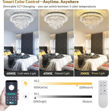 18 inch Crystal Silver Ceiling-Light Flush Mount With Remote Control and APP, 3CCT Dimmable & Brightness Adjustable, Modern Crystal Raindrop Chandeliers for Bedroom Hallway Dinning Room Living Room
