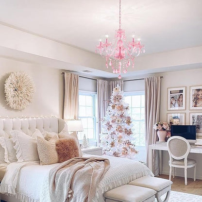 Plug-in 5 Lights Pink Crystal Hanging Pendant Light Acrylic Chandelier with Clear Cord & On/Off Switch H19 D19.7 for Kitchen Island Girls' Room Dining Area Laundry Pavilion.