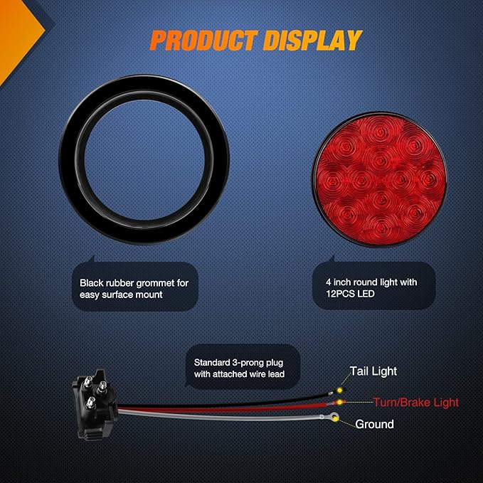 Nilight 4PCS 4" 12LED Red Round Stop Brake Turn Tail Lights w/Surface Mount Grommet Plugs IP67 Trailer Light for Truck RV