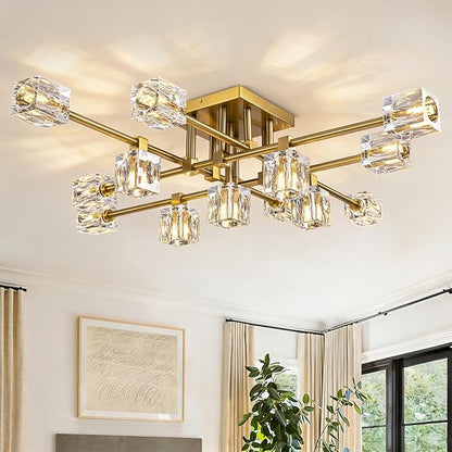 Modern Ceiling Light Fixture with 13-Lights,Gold Semi Flush Mount Ceiling Light,Crystal Sputnik Chandeleirs,Modern Ceiling Lights for Living Room,Dining Room,Kitchen Island,Bedroom