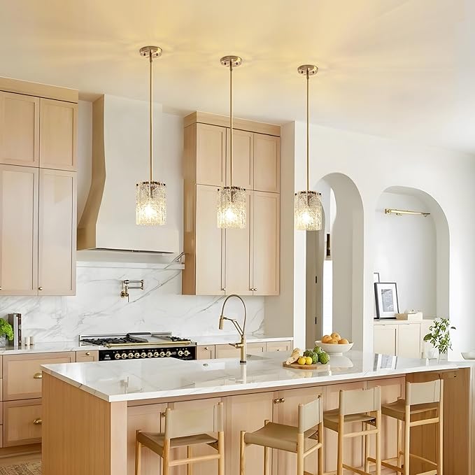Modern Gold Pendant Light, Round Handmade Glass Kitchen Island Lighting, Mini Brushed Brass Cylinder Hanging Light Fixture for Dining Room Bedroom Hallway