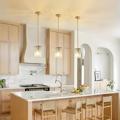 Modern Gold Pendant Light, Round Handmade Glass Kitchen Island Lighting, Mini Brushed Brass Cylinder Hanging Light Fixture for Dining Room Bedroom Hallway