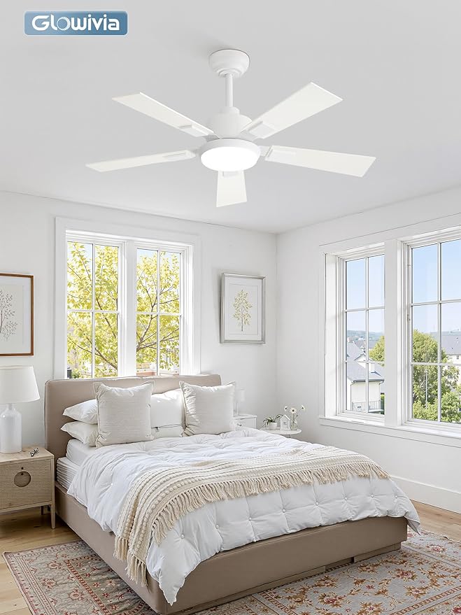 42 Inch Ceiling Fans with Lights and Remote&APP Control, White Smart Ceiling Fan with 3000-6000K Dimmable, 6 Speeds Quiet Reversible Motor, Indoor/Outdoor Ceiling Fan for Bedroom Living Room