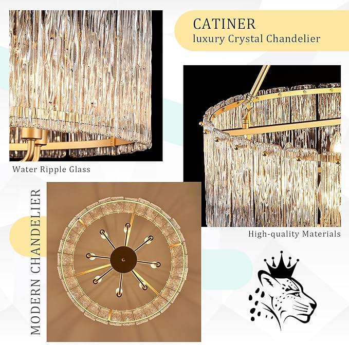 CATINER Gold Drum Chandelier 24.4" Modern Crystal Glass Chandeliers Luxury 8-Light Pendant Ceiling Chandelier Lighting for Dining Room Foyer Living Room Bedroom