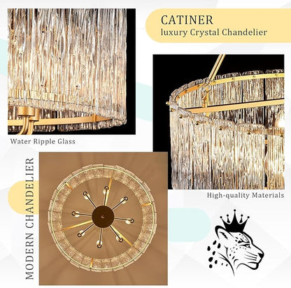CATINER Gold Drum Chandelier 24.4" Modern Crystal Glass Chandeliers Luxury 8-Light Pendant Ceiling Chandelier Lighting for Dining Room Foyer Living Room Bedroom