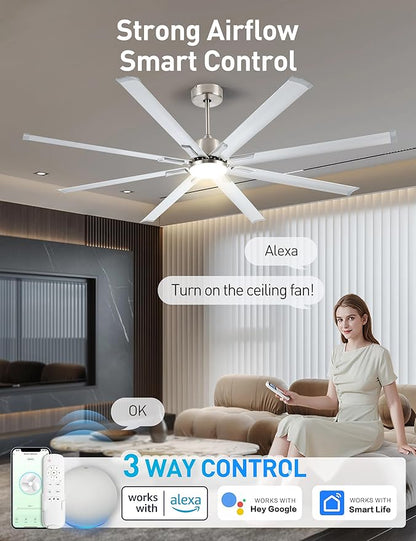 Minislak 72 Inch Ceiling Fan with Light,Industrial Ceiling Fan with 8 Black Aluminium Blades,Smart Fan Compatible with Alexa,Garage Outdoor Indoor Fan for Patio and Living Room