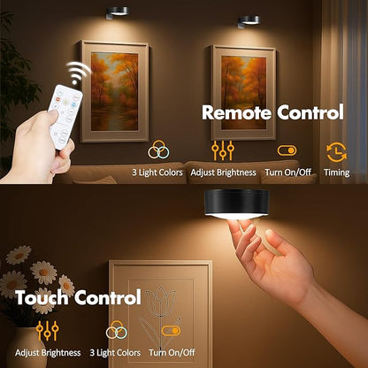 3Pcs Picture Lights for Wall Battery Operated, Magnetic Led Painting Light with Remote Dimmable and Timer, 3 Lighting Modes Art Display Light for Picture Frame, Wireless Wall Decor Puck Lights, Black