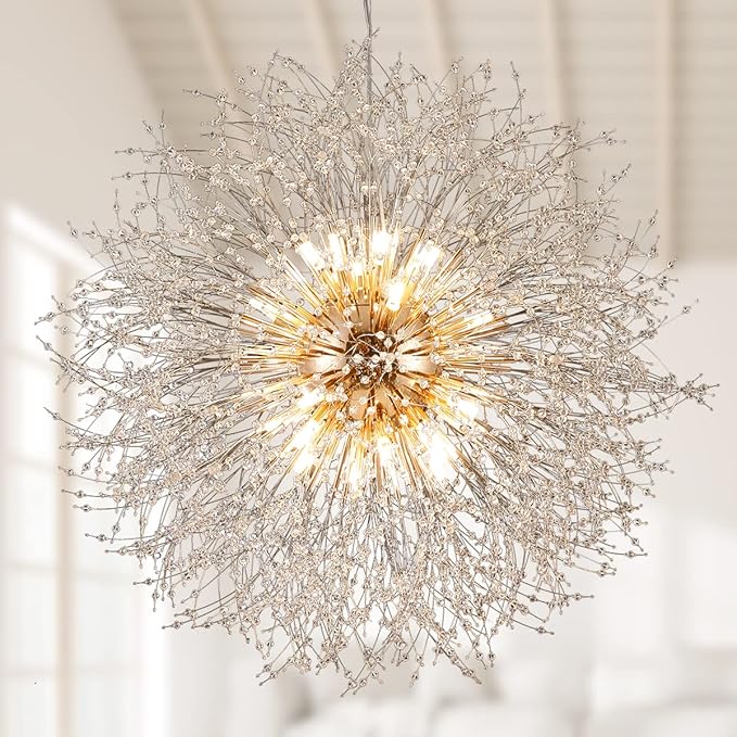 Gold Crystal Chandeliers Dandelion, 31.4" Steel Firework Chandelier Large Lighting, 16-Light Modern Sputnik Pendant Light Fixture for Living Room Bedroom