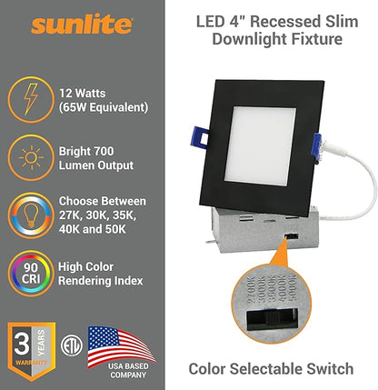Sunlite 87805 LED 4-Inch Recessed Slim Downlight Fixture, 12 Watts (65W=), 700 Lumens, Indoor & Outdoor, Color Selectable 27K/30K/35K/40K/50K, 90 CRI, 120V, Dimmable, ETL Listed, Matte Black, 1 Pack