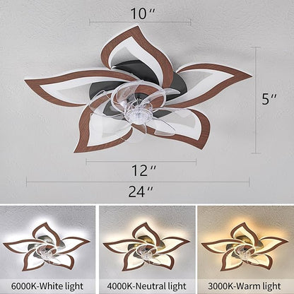 24" Wood Geometric Ceiling Fan with Lights Remote Control, Low Profile Ceiling Fan with Light for Kitchen Bedroom Living Room