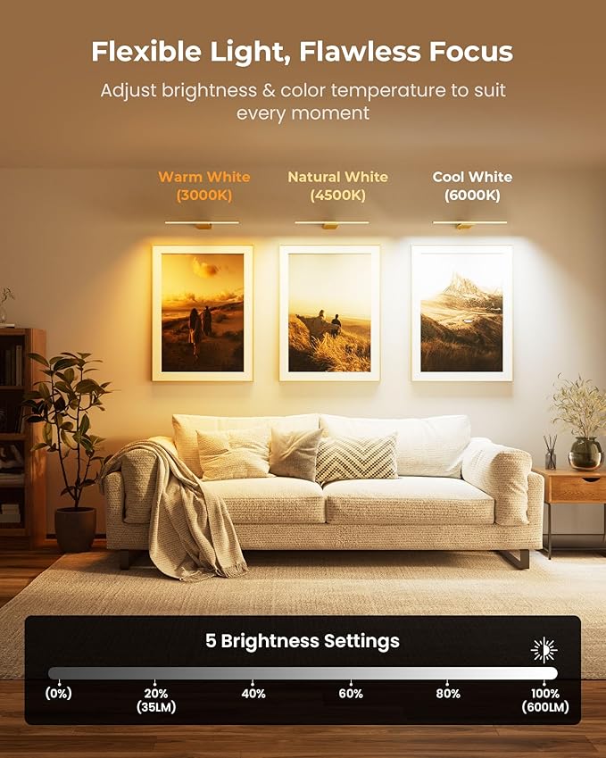Picture Light for Wall with Remote, Picture Lights Battery Operated Rechargeable 12000mAh, 3 Colors & 3 Timers, Brightness Dimmable for Gallery Poster Frame Painting Photo Art Display (Gold, 2 Pack)
