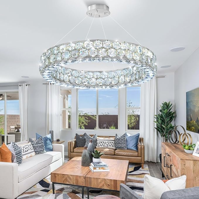 Modern Ring Chandelier, Crystal Chandeliers for Dining Room Round LED Ceiling Light Fixture for Living Room Bedroom Lighting Dimmable with Remote Ring Lights, 24inch Width Light