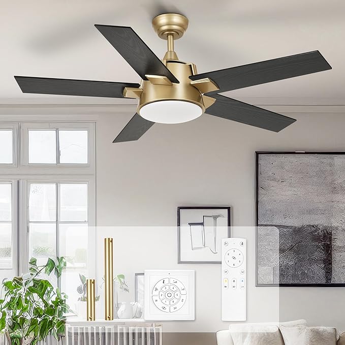 YITAHOME Black Gold Ceiling Fan with Light and Wall Switch Remote, 52 Inch Modern Ceiling Fan, Quiet Reversible Motor, Dimmable Fan with Light for Bedroom Living Room Patio Indoor