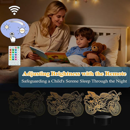 Motorcycle Night Light, Motorcycle Gifts, 3D Illusion Lamp with Remote Control, 16 RGB Colors, 4 Flashing Modes, Timer, Dimmable, Motorcycle Stuff for Decor for Holiday Birthday Christmas