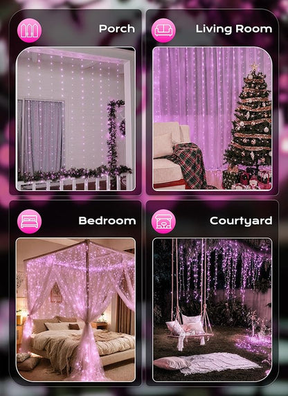 Brightown 300 LED Pink Fairy Curtain Lights, 9.8ft x 9.8ft String Lights, USB Plug in 8 Lighting Modes Christmas String Hanging Lights with Remote for Bedroom Indoor Outdoor Party Xmas Pink 1 Pack