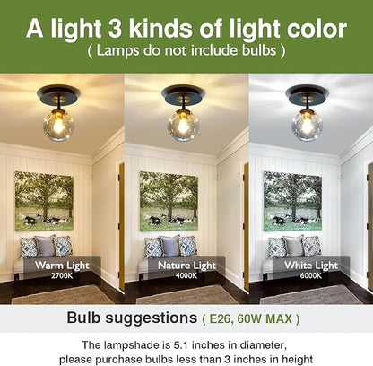1-Light Mini Glass Globe Ceiling Light,Modern Semi Flush Mount Light Fixture,Black Ceiling Light for Hallway Aisle Porch Stairway Closet.