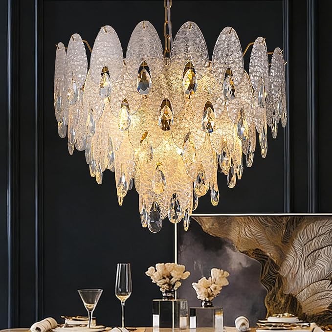 24" Tiered Chandelier, Modern Round 5-Tier Gold Chandeliers for Dining Room,9-Light Tiered Glass Luxury Contemporary Lighting Fixture Kitchen Island,Bedroom,Living RoomL24'' × W24'' × H16''