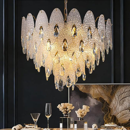 24" Tiered Chandelier, Modern Round 5-Tier Gold Chandeliers for Dining Room,9-Light Tiered Glass Luxury Contemporary Lighting Fixture Kitchen Island,Bedroom,Living RoomL24'' × W24'' × H16''