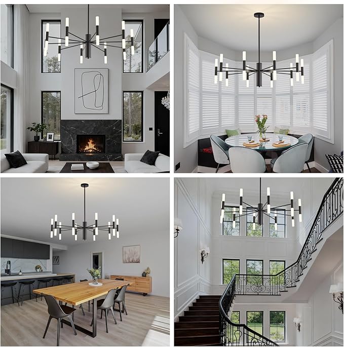 Black Modern Chandelier 20-Light, Large Farmhouse Round Candle Chandeliers with Acrylic Shades, 38.6" Dining Room Light Fixture for High Ceilings, Living Room, Foyer, Entryway, G9 Base