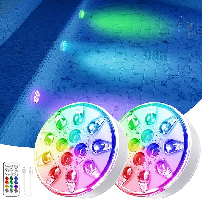 VICHTOP Pool Lights - 2 Pack, Rechargeable Submersible LED Pool Lights with Remote, IP68 Waterproof Underwater Pool Decor Light for Inground Pools, Above Ground Pools, Parties, Hot Tubs, Vase Bases