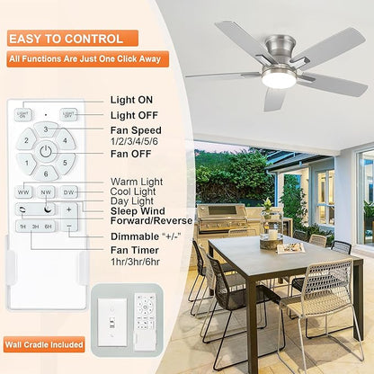 42 Inch Flush Mount Brushed Nickel Ceiling Fan with Light and Remote Control.Noiseless,Dimmable,3CCT,6 Speeds Reversible, Low Profile DC Ceiling Fans for Indoor or Covered Outdoor Use,ETL Listed