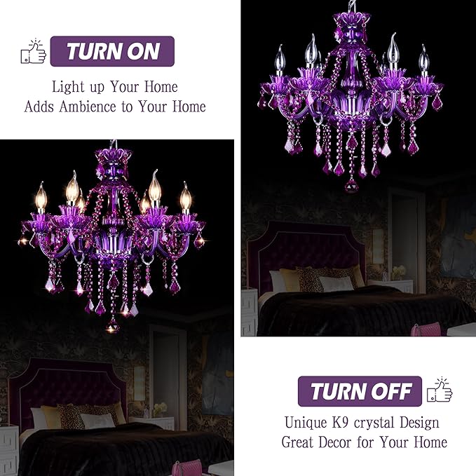Bagood Purple 6 Lights K9 Crystal Candle Chandeliers Lighting Candle Chandelier Lighting Modern Pendant Lights Crystal Modern Chandelier for Dining Living Room Bedroom E12 Base, H22 x W23.6 Inch