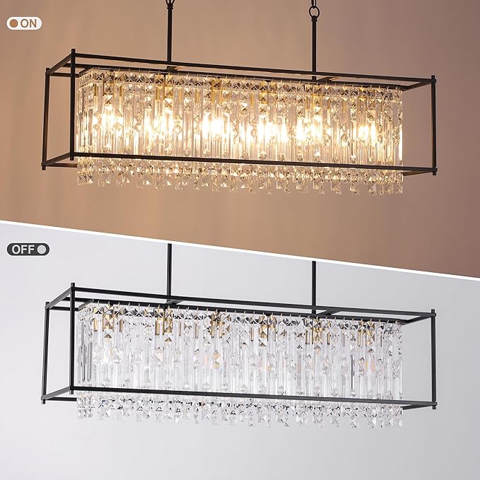Crystal Chandeliers for Dining Room, Modern Black Chandelier for Living Room, Adjustable Height, 6-Light Pendant Light Fixture, 42 in Large Rectangle Lighting for Kitchen Island Living Room