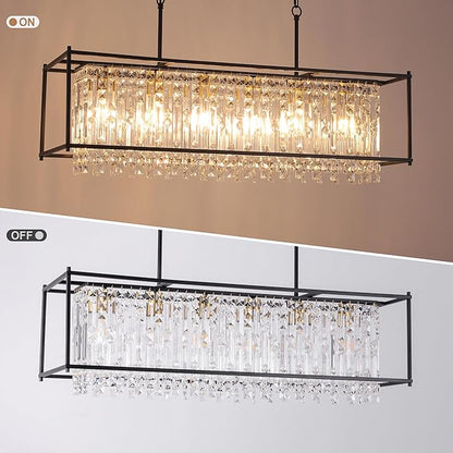 Crystal Chandeliers for Dining Room, Modern Black Chandelier for Living Room, Adjustable Height, 6-Light Pendant Light Fixture, 42 in Large Rectangle Lighting for Kitchen Island Living Room