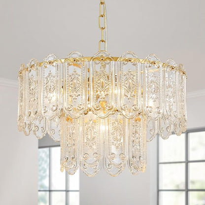 5-Lights Luxury Glass Chandeliers, Mid-Century Modern Chandeliers for Dining Room, D18.5'' × H18.9'', Adjustable Height (18.9"~51.2"), Gold Finish Frame & Double Figured Glass Shade