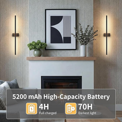 ONEWISH Battery Operated Wall Sconces Set of 2, 27.75" Rechargeable Wall Lights with Remote, 3-Color Dimmable Wireless Sconces for TV Wall Decor, Picture Light, Bedroom, Black