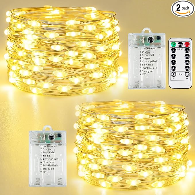 2 Pack Fairy Lights Battery Operated with Remote Control Timer, LED String Lights Outdoor Indoor, 8 Mode Twinkle Lights for Christmas Party Wedding Birthday Bedroom Décor (Warm White)