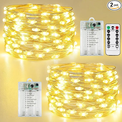 2 Pack Fairy Lights Battery Operated with Remote Control Timer, LED String Lights Outdoor Indoor, 8 Mode Twinkle Lights for Christmas Party Wedding Birthday Bedroom Décor (Warm White)