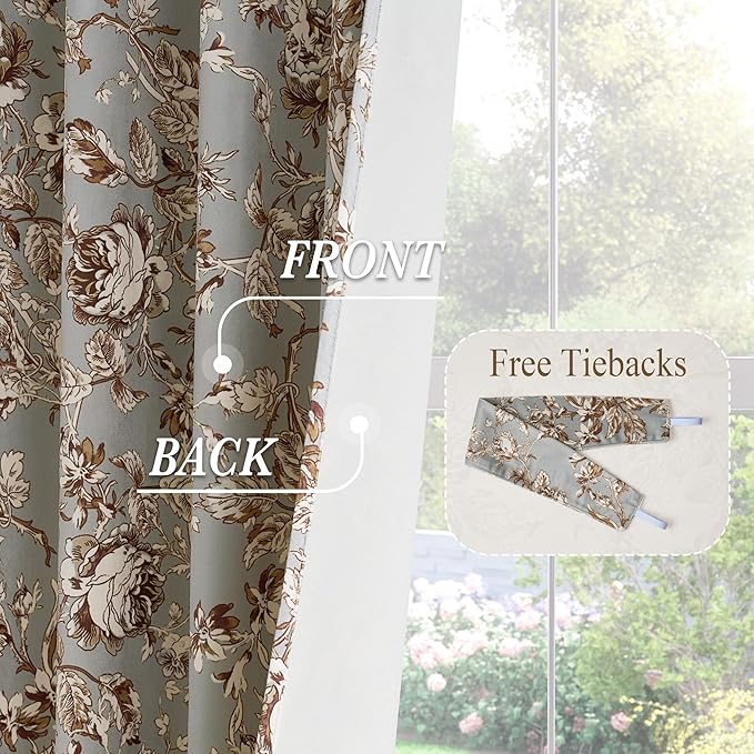 StangH Vintage Velvet Floral Curtains for Bedroom, Rose Pattern Printed Curtains with Classic Style Energy Efficient Decorative Panels for Sliding Door,Pea Green, W52 x L84, 2 Panels