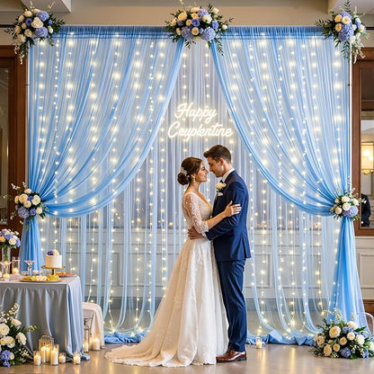 10×12ft Baby Blue Sheer Tulle Backdrop Curtains with Lights String for Parties Baby Shower Decorations for Boy Bridal Shower Birthday Party Photo Shoot Background Wall Decorations 2 Panels 5×12ft