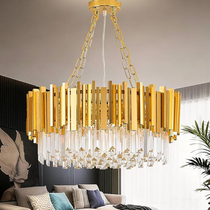 Modern Gold Crystal Chandelier 21.66" 8-Light 5-Tiers K9 Crystal Pendant Ceiling Light Fixture Luxury Round Raindrop Chandeliers for Dining Room Living Room Kitchen Island