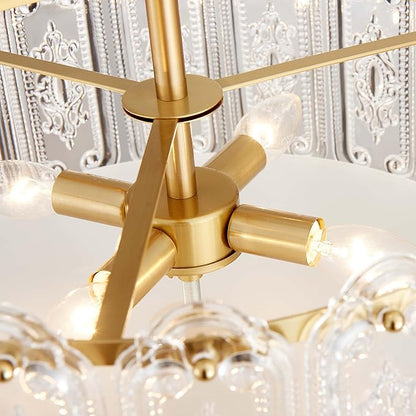 4-Lights Luxury Glass Chandelier, Mid-Century Modern Style for Dining Room, Living Room, Bedroom, D16.5'' × H10.6'', Adjustable Height (10.6"~51.4"), Gold Finish Frame & Figured Glass Shade