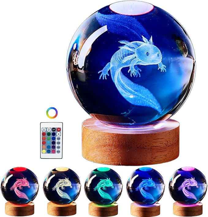 Axolotl Lamp,3.15 inch Axolotl Crystal Ball Lamp,Upgraded 3D K9 Axolotl Crystal Ball Night Light with Wooden Base,16 Colors Change with Remote Control, Axolotl Glass Ball Lamp,Axolotl Gift (E)