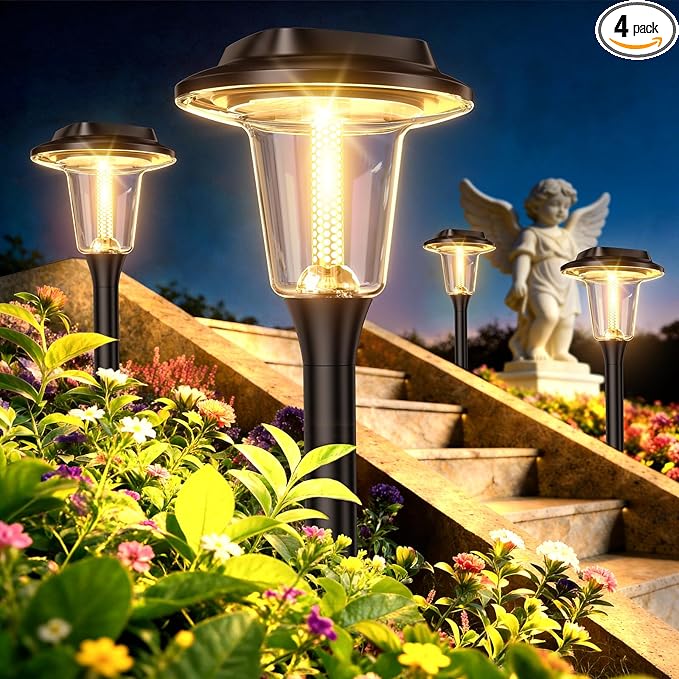2026 New Solar Pathway Lights Outdoor 4 Pack Solar Lights Outdoor Waterproof IP65 Upgraded Bright LED Auto On/Off Modern Garden Lights Solar Powered Light for Yard Lawn Walkway Driveway Patio Decor
