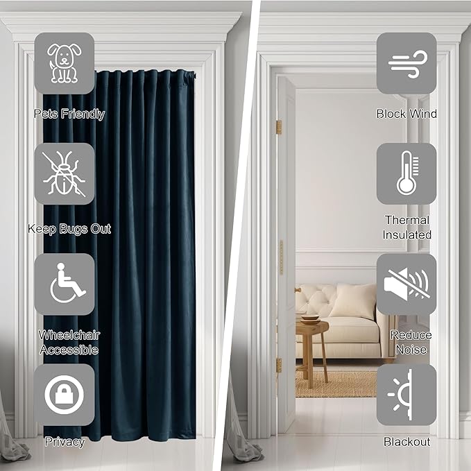 StangH Navy Blue Curtain for Doorway 80 inch Length, Back Tab Velvet Thermal Insulated Window Drapes Privacy Thick Room Divider for Closet Bedroom Theater Office, W62 x L80, 1 Panel