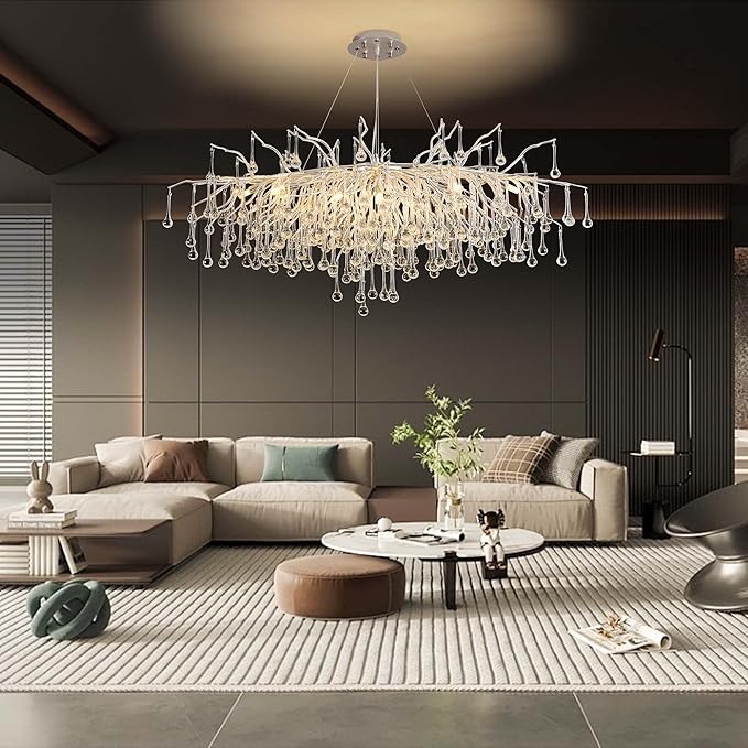 Modern Crystal Raindrop Chandelier, L40'' Silver Linear Rectangle Art Deco Tree Branch Lighting Fixture for Kitchen Island Living Room Foyer Staircase 10 Lights