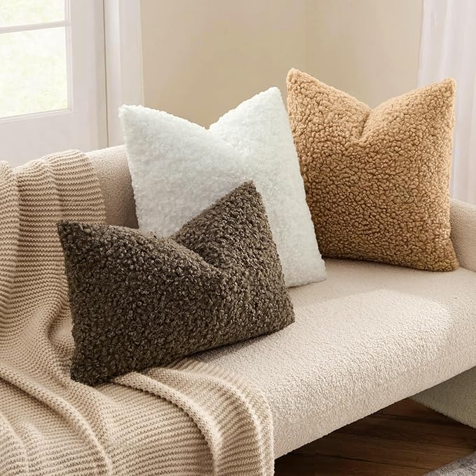 MIULEE Pack of 2 Throw Pillow Covers 18x18 Inch Neutral Camel Faux Fur Decorative Sherpa Pillow Covers Fuzzy Accent Soft Sheepskin Fleece Cushion Cases for Boho Home Decor Couch Living Room Bed