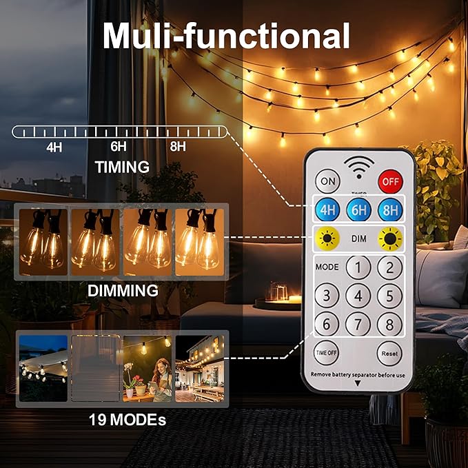 YOSION Solar Powered Warm White LED Outdoor String Light with Remote Control, Shatterproof Light Bulbs for Backyard Garden Patio Pergola Gazebo Bistro Bedroom Christmas Wedding Party (20+2 Bulbs)